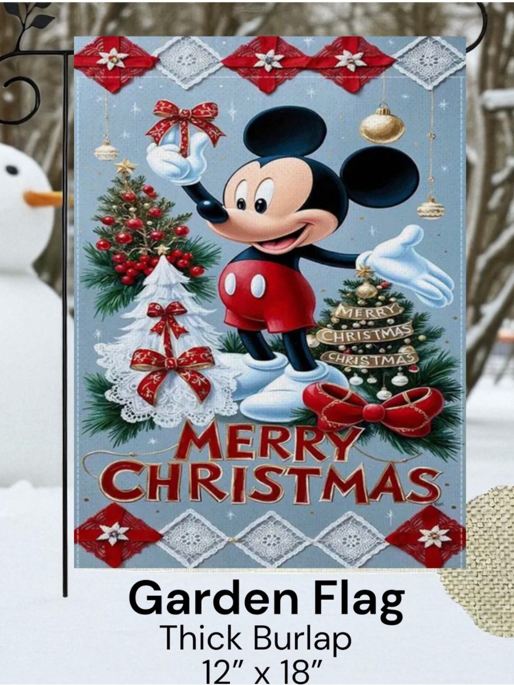 Disney Mickey Mouse Christmas Garden Flag, approximately 12" x 18", burlap